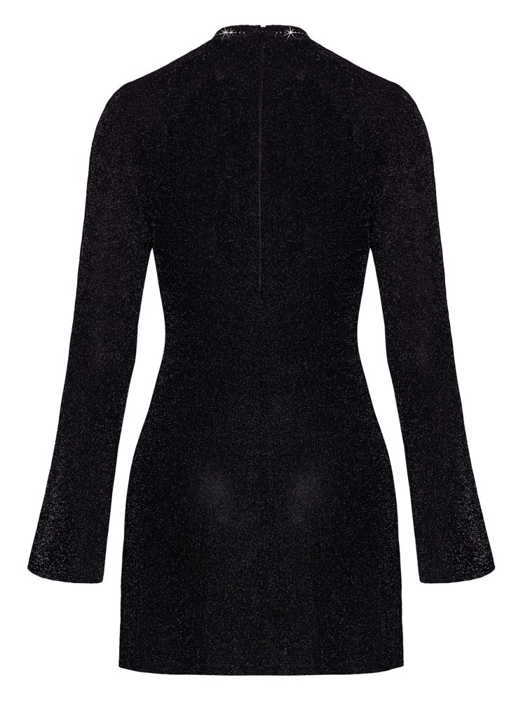 Schwarzes Noir ausgestelltes Glitzer-Minikleid mit Trompetenärmeln in der Rückansicht
