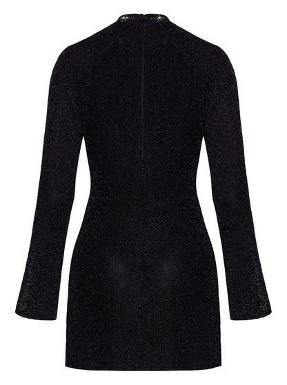 Schwarzes Noir ausgestelltes Glitzer-Minikleid mit Trompetenärmeln in der Rückansicht