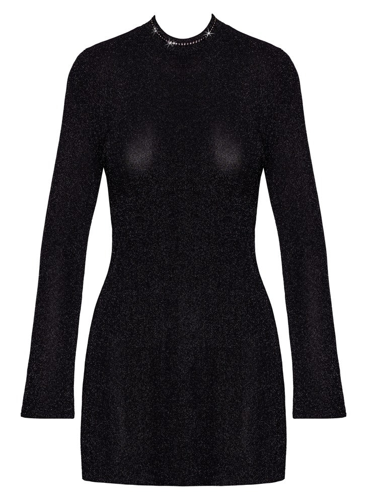 Schwarzes Noir ausgestelltes Glitzer-Minikleid mit Trompetenärmeln in der Vorderansicht