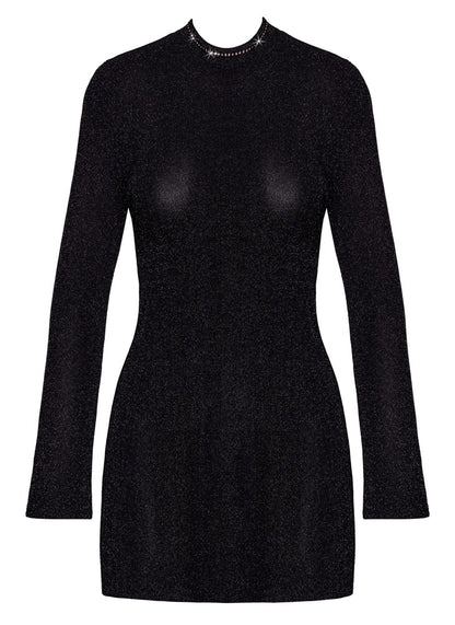 Schwarzes Noir ausgestelltes Glitzer-Minikleid mit Trompetenärmeln in der Vorderansicht