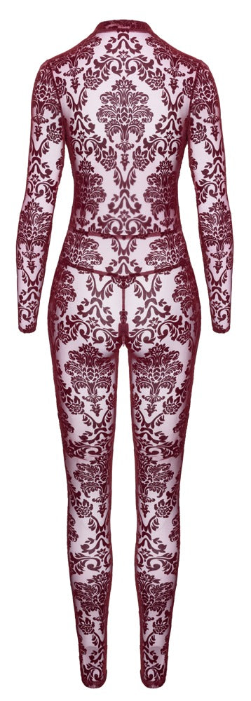 Noir Kink Royal Langarm-Overall mit Flockprint in Burgundrot in der Rückansicht