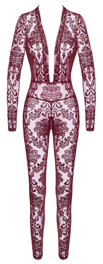 Noir Kink Royal Langarm-Overall mit Flockprint in Burgundrot in der Vorderansicht