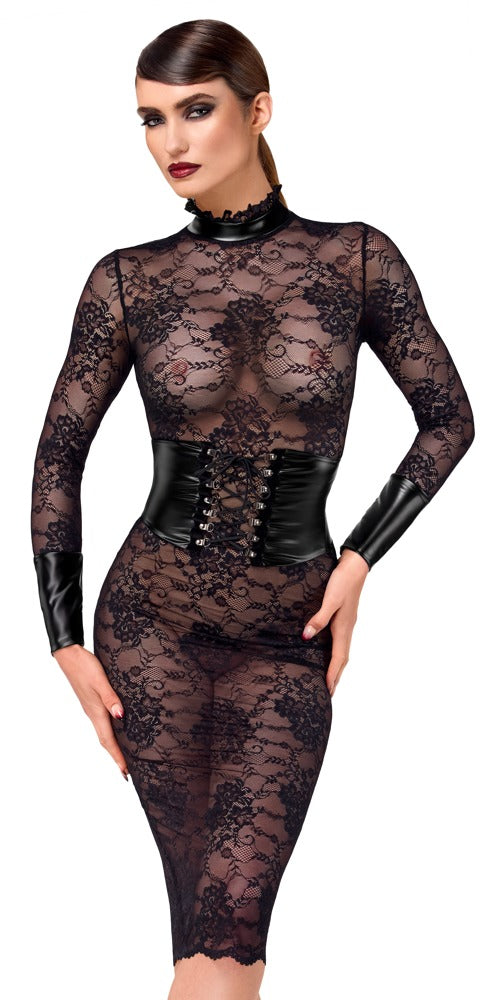 Model im Noir Kink Royal Midikleid mit Flockprint und Powerwetlook-Details in der Vorderansicht