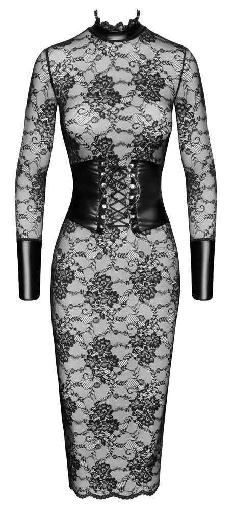 Noir Kink Royal Midikleid mit Flockprint und Powerwetlook-Details in der Vorderansicht