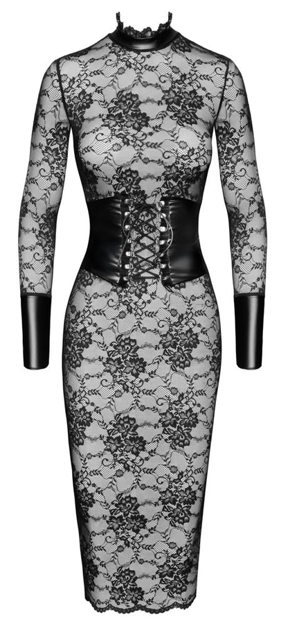 Noir Kink Royal Midikleid mit Flockprint und Powerwetlook-Details in der Vorderansicht