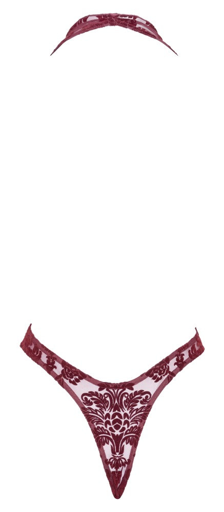 Noir Kink Royal transparenter Neckholder-Riostring-Body mit Flockprint in Burgundrot in der Rückansicht