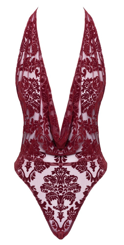 Noir Kink Royal transparenter Neckholder-Riostring-Body mit Flockprint in Burgundrot in der Vorderansicht