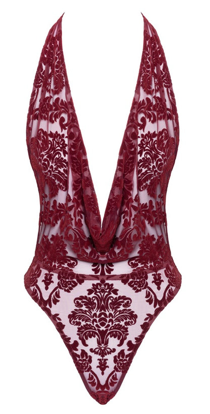 Noir Kink Royal transparenter Neckholder-Riostring-Body mit Flockprint in Burgundrot in der Vorderansicht