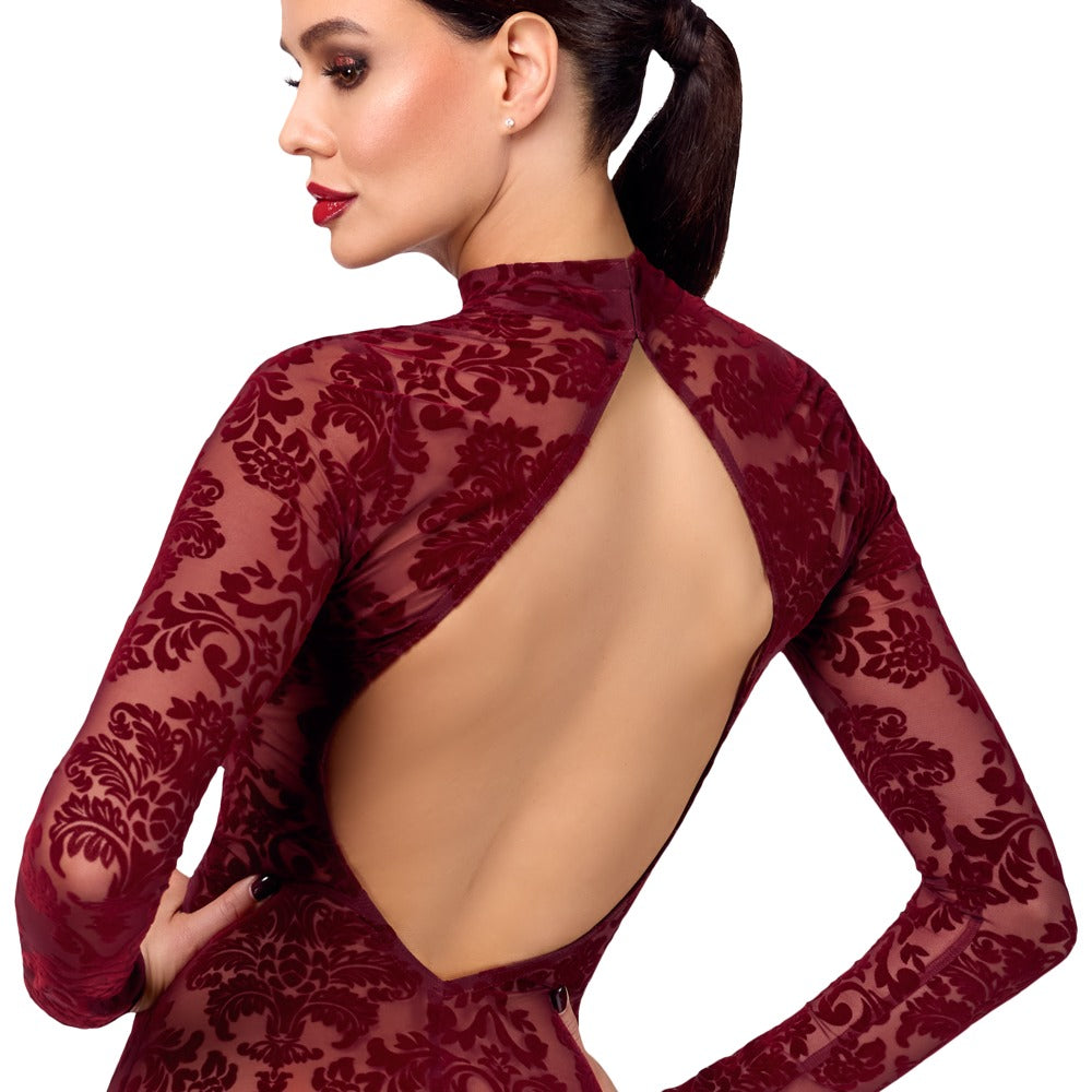 Detailansicht des Noir Kink Royal transparenten Langarm-Kleids mit Flockprint in Burgundrot im Rückenbereich