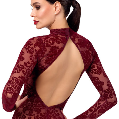 Detailansicht des Noir Kink Royal transparenten Langarm-Kleids mit Flockprint in Burgundrot im Rückenbereich