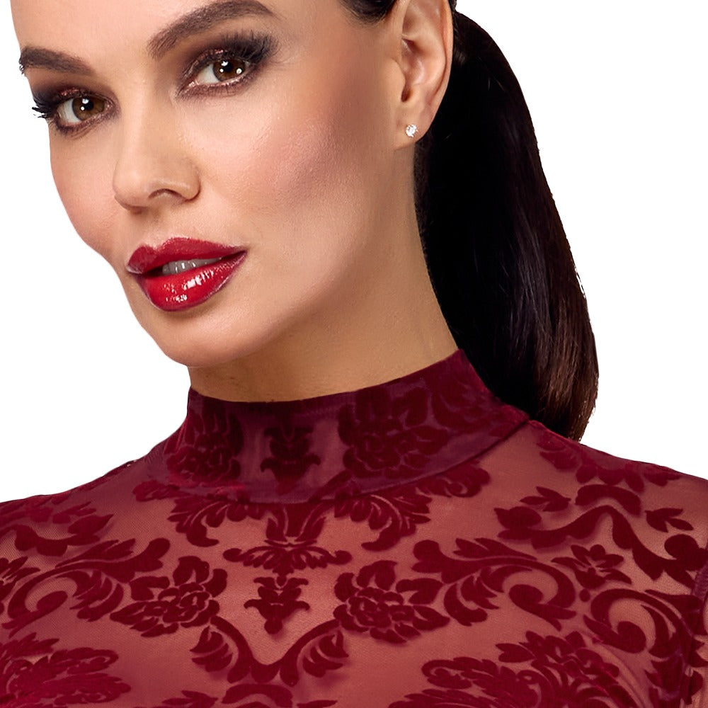Detailansicht des Noir Kink Royal transparenten Langarm-Kleids mit Flockprint in Burgundrot