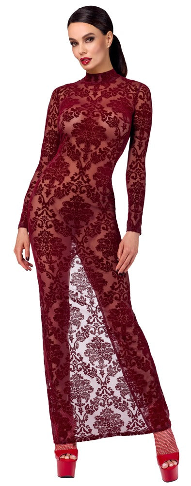 Model im Noir Kink Royal transparenten Langarm-Kleid mit Flockprint in Burgundrot in schräger Vorderansicht