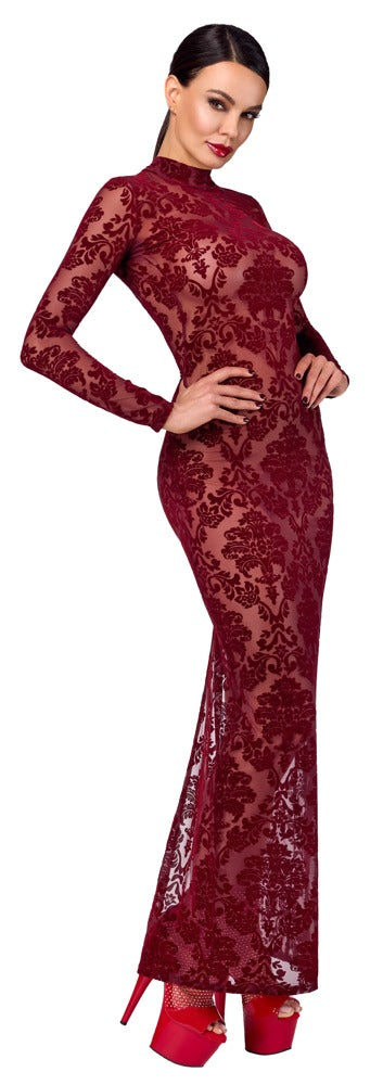 Model im Noir Kink Royal transparenten Langarm-Kleid mit Flockprint in Burgundrot in der Vorderansicht