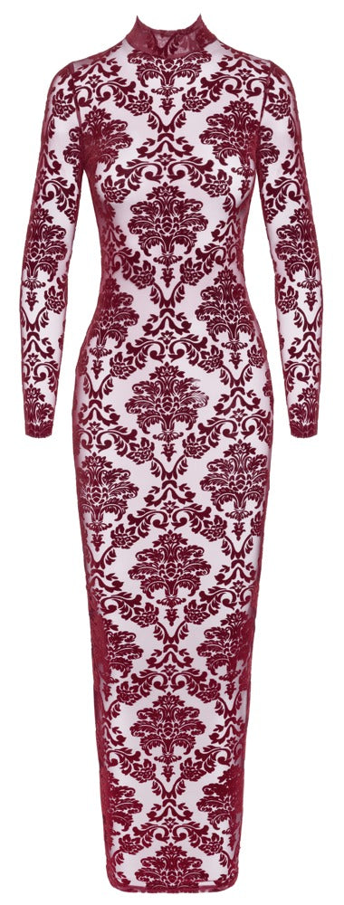 Noir Kink Royal transparentes Langarm-Kleid mit Flockprint in Burgundrot in der Vorderansicht