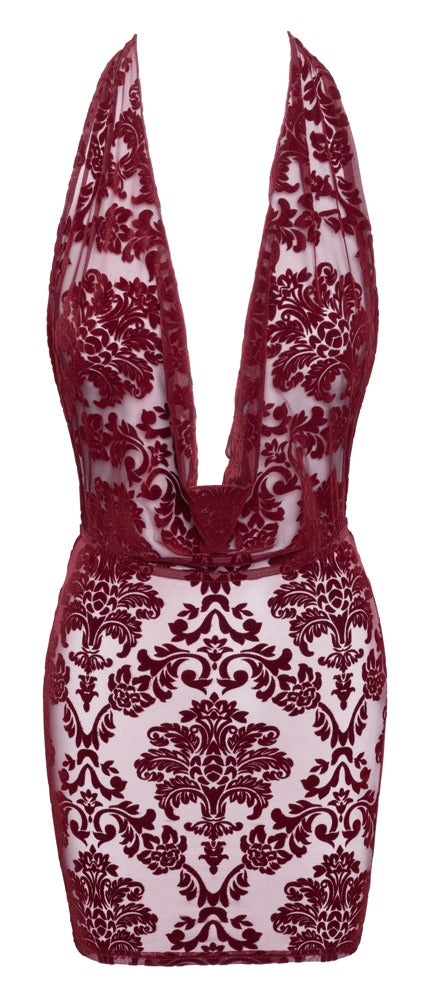 Noir Kink Royal transparentes Neckholder-Minikleid mit Flockprint in Burgundrot in der Vorderansicht