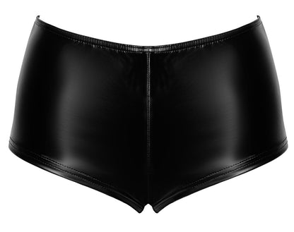 Schwarze Noir Orgia Mysteria Hotpants im Powerwetlook in der Vorderansicht