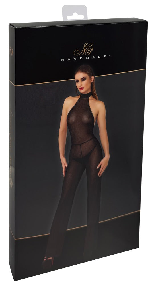 Produktverpackung des Noir schulterfreien Neckholder-Overalls mit Glitzer