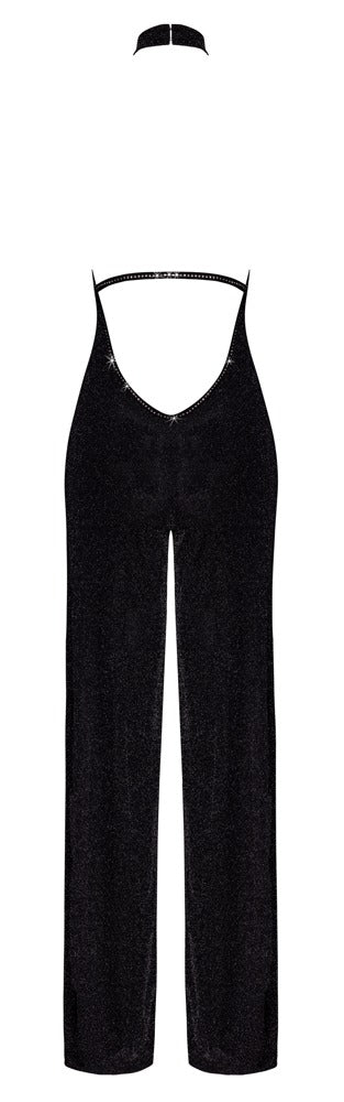 Schwarzer Noir schulterfreier Neckholder-Overall mit Glitzer in der Rückansicht