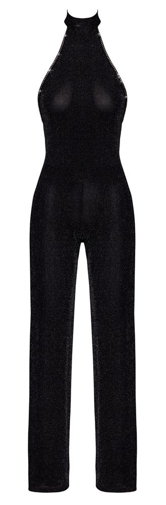 Schwarzer Noir schulterfreier Neckholder-Overall mit Glitzer in der Vorderansicht