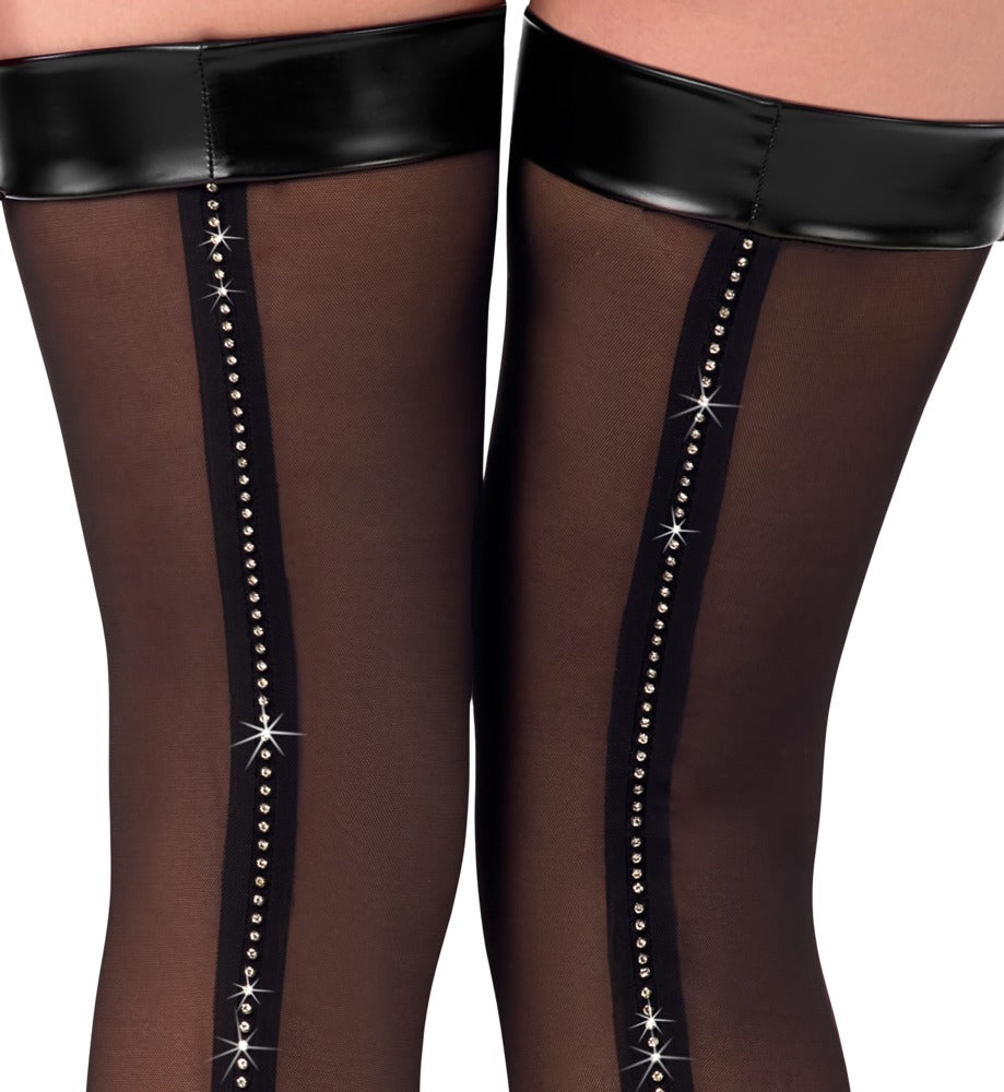 Detailansicht der Noir transparenten Overknees ohne Fuß mit Glitzerstein-Naht