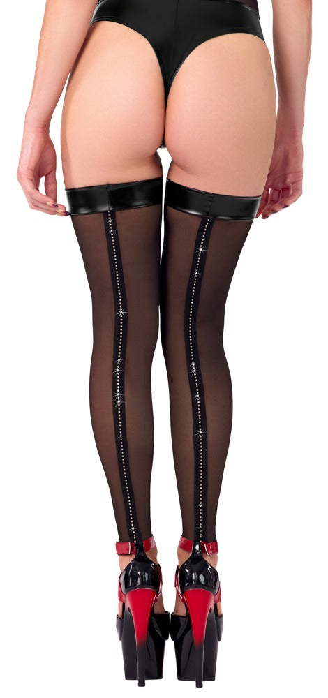Model mit transparenten Noir Overknees ohne Fuß mit Glitzerstein-Naht in der Vorderansicht