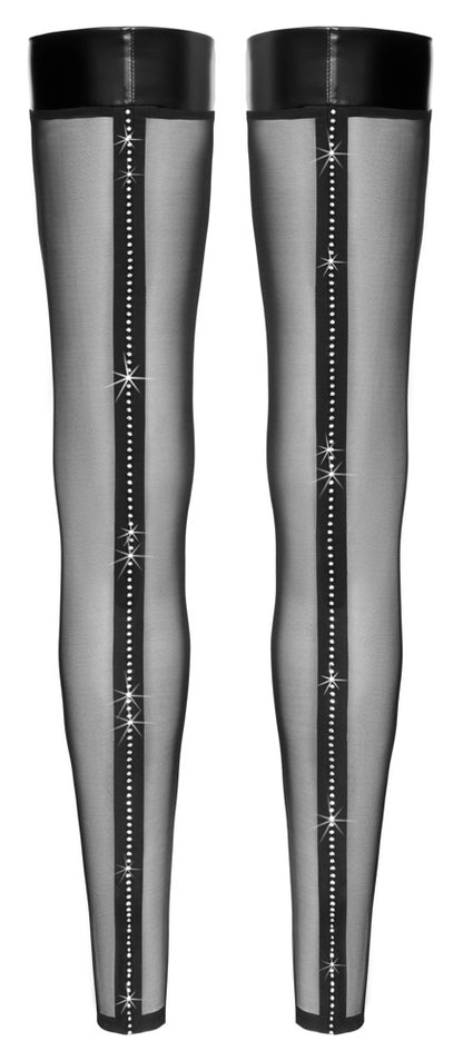 Transparente Noir Overknees ohne Fuß mit Glitzerstein-Naht in der Rückansicht