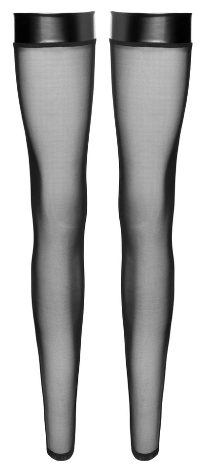 Transparente Noir Overknees ohne Fuß mit Glitzerstein-Naht in der Vorderansicht