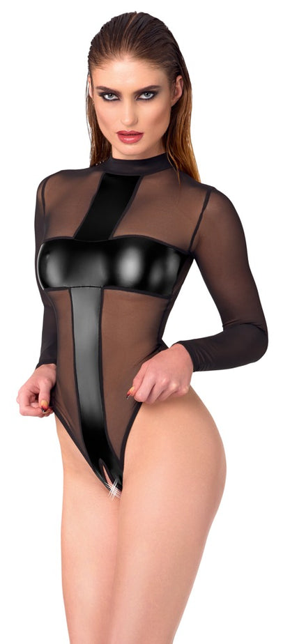 Transparenter Noir Langarm-Body Ouvert mit Powerwetlook am Model in schräger Vorderansicht