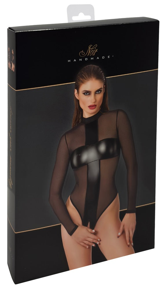 Produktverpackung des transparenten Noir Langarm-Bodys Ouvert mit Powerwetlook