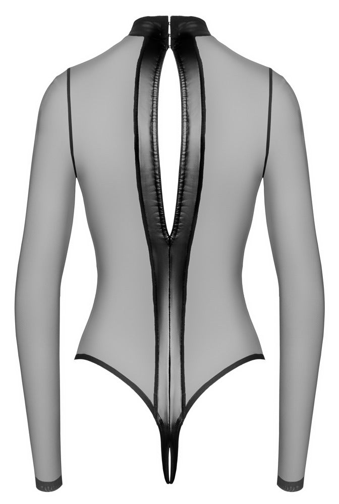 Transparenter Noir Langarm-Body Ouvert mit Powerwetlook in der Rückansicht