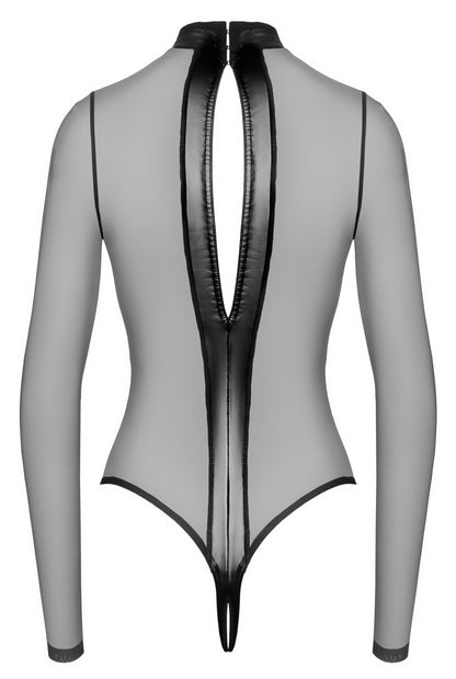 Transparenter Noir Langarm-Body Ouvert mit Powerwetlook in der Rückansicht