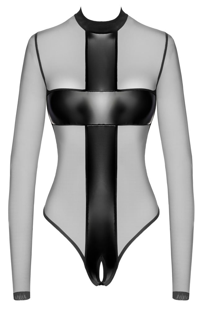 Transparenter Noir Langarm-Body Ouvert mit Powerwetlook in der Vorderansicht