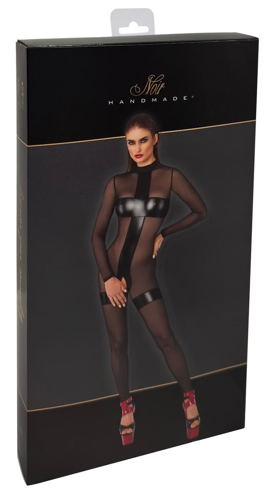 Produktverpackung des Noir transparenten Ouvert-Overalls mit Powerwetlook