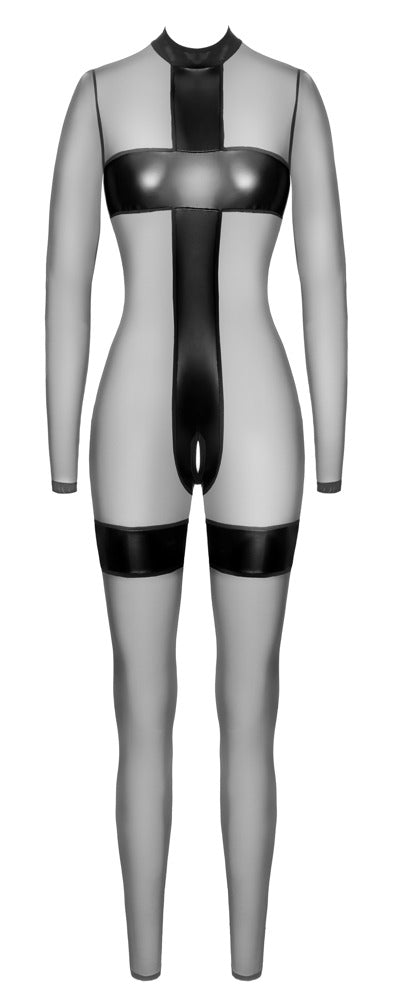 Transparenter Noir Ouvert-Overall mit Powerwetlook in der Vorderansicht