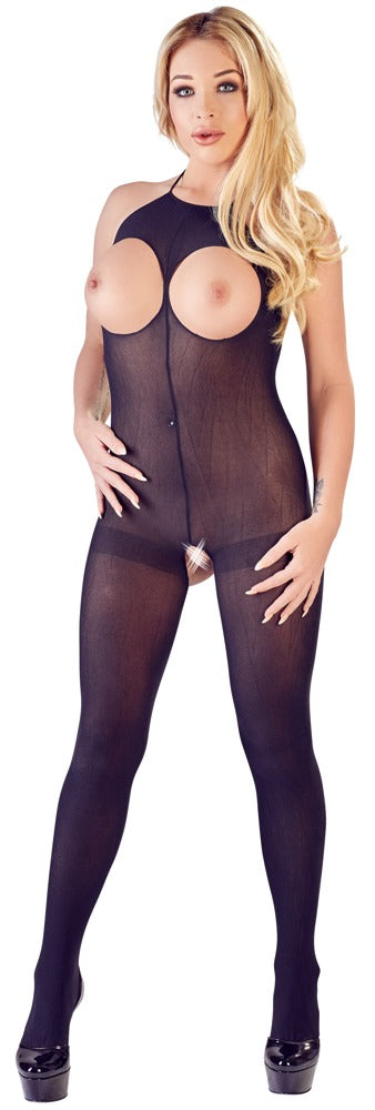 Model trägt den schwarzen NO:XQSE Catsuit ouvert in Vorderansicht