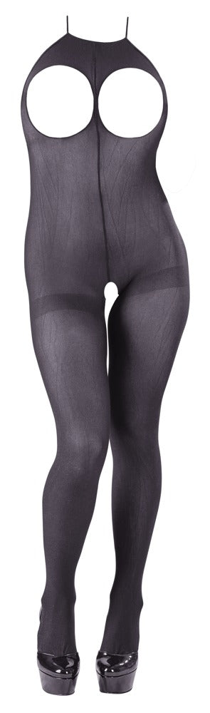 Vorderansicht des schwarzen NO:XQSE Catsuits ouvert aus semitransparentem Strumpfmaterial