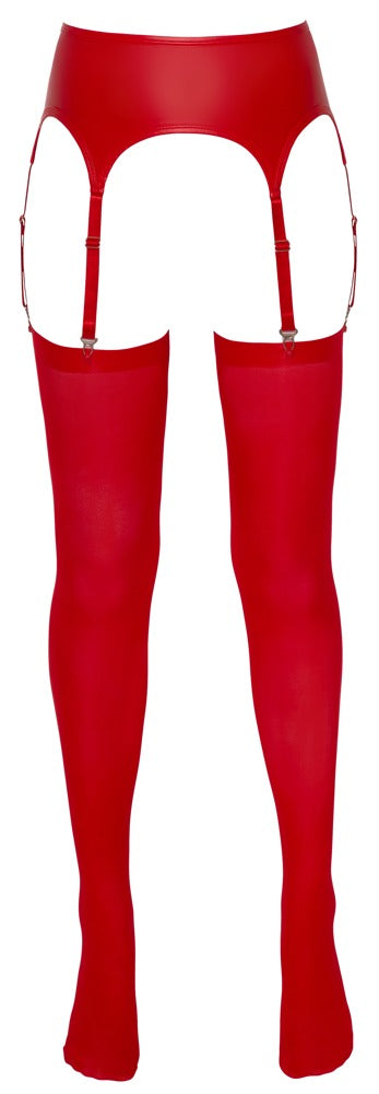 Vorderansicht des NO:XQSE Mattlook-Strapsgürtels mit passenden roten Strümpfen