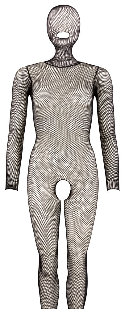 Vorderansicht des schwarzen NO:XQSE Netz-Catsuits mit integrierter Kopfmaske und Füßen