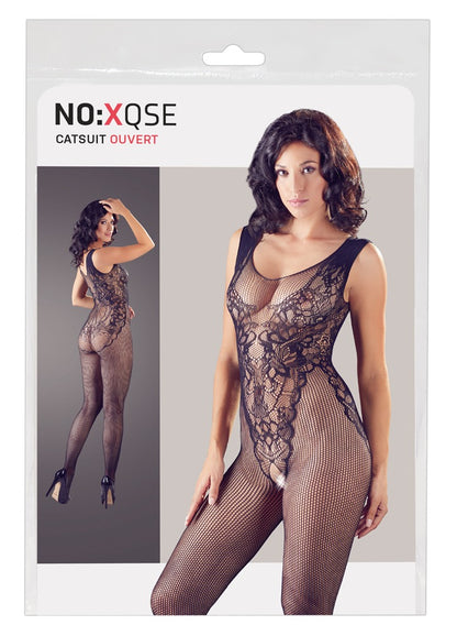NO:XQSE Netz-Catsuit ouvert in Schwarz – Produktverpackung