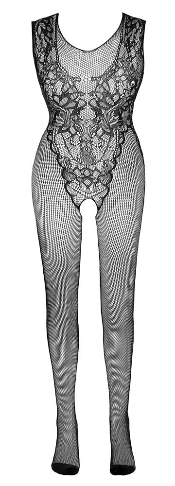 NO:XQSE Netz-Catsuit ouvert in Schwarz – Vorderansicht