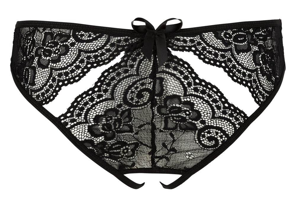 Rückansicht des schwarzen NO:XQSE Spitzen-Slips mit floraler Spitze und raffiniertem Cut-out