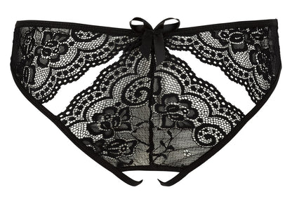 Rückansicht des schwarzen NO:XQSE Spitzen-Slips mit floraler Spitze und raffiniertem Cut-out
