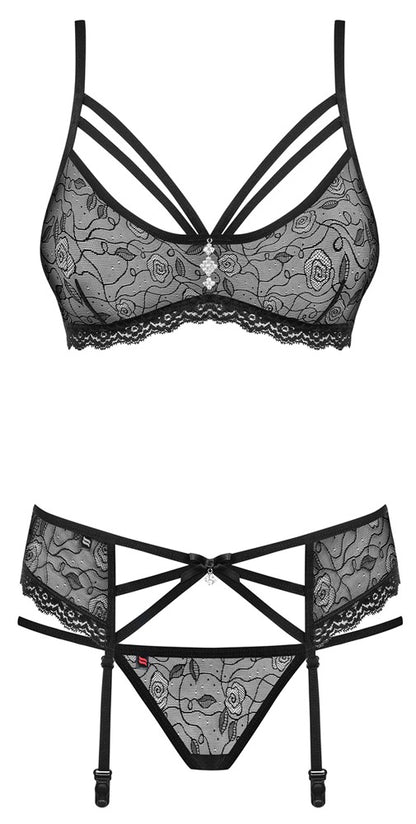 Obsessive 818-SEG-1 Dessous-Set in Frontansicht mit BH, Strapsgürtel, String und Riemchendetails