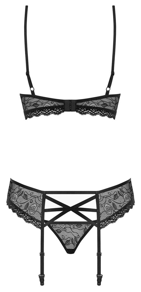 Rückansicht des Obsessive 818-SEG-1 Sets mit BH, Strapsgürtel und schwarzer Spitze