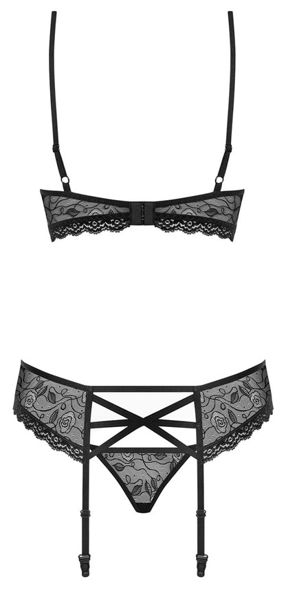 Rückansicht des Obsessive 818-SEG-1 Sets mit BH, Strapsgürtel und schwarzer Spitze
