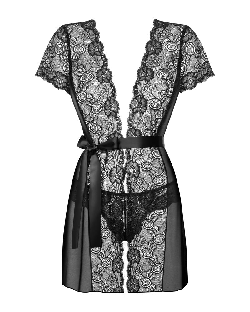 Obsessive Alluria Kimono-Set mit transparentem Tüll, Blütenspitze und Satin-Bindegürtel in der Vorderansicht