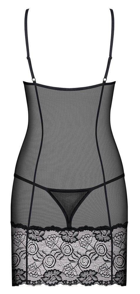 Obsessive Alluria Negligé in Schwarz – Freisteller der Rückseite mit transparentem Material und Spitzensaum