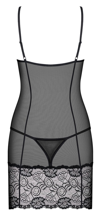 Obsessive Alluria Negligé in Schwarz – Freisteller der Rückseite mit transparentem Material und Spitzensaum