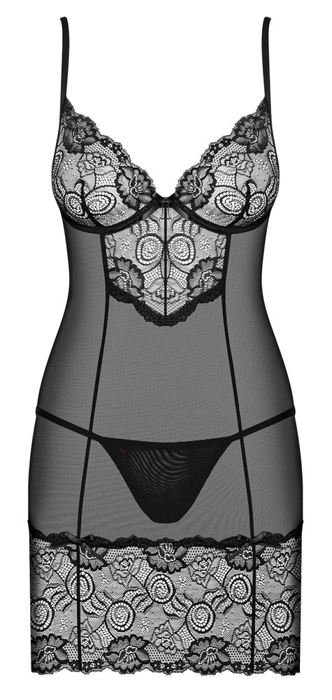 Obsessive Alluria Negligé in Schwarz – Freisteller von vorne mit Spitze und transparentem Material