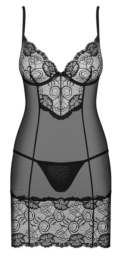 Obsessive Alluria Negligé in Schwarz – Freisteller von vorne mit Spitze und transparentem Material